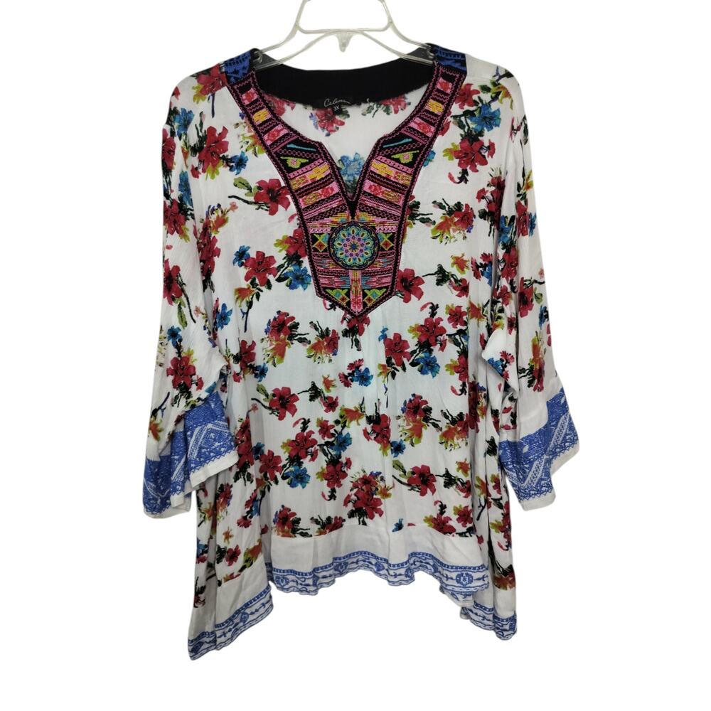 5243)Calesaa Plus Multicolor Embroidry Coastal Boho 3/4 Bell Sleevs Tunic Top 3X